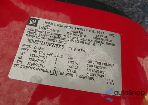 2007 Chevrolet Avalanche 1500 Ls z USA, uszkodzony, nr VIN 3GNEC12J17G270313